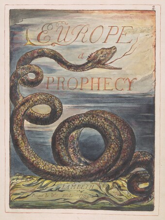 William Blake (1757–1827) Europa, eine Prophezeiung, Titelseite (Europe a Prophecy, title page), 1794,  Relief- und Weißlinienradierung, koloriert, 30,3 x 23,1 cm The Fitzwilliam Museum, Cambridge © The Fitzwilliam Museum, University of Cambridge