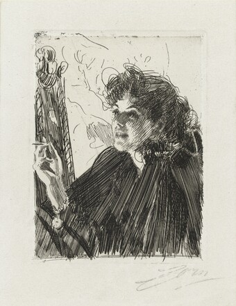 Anders Zorn (1860–1920), Rauchende junge Frau, um 1892, Radierung, 15,9 x 12,0 cm, Hamburger Kunsthalle, Kupferstichkabinett, © Hamburger Kunsthalle / bpk, Foto: Christoph Irrgang