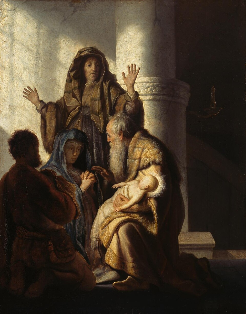 Rembrandt Harmensz. van Rijn (1606 - 1669) Simeon und Hanna im Tempel, 1627 Öl auf Eichenholz 55,5 cm x 44 cm Hamburger Kunsthalle / bpk Foto: Elke Walford Rembrandt Harmensz. van Rijn (1606 - 1669) Simeon und Hanna im Tempel, 1627 Öl auf Eichenholz 55,5 cm x 44 cm Hamburger Kunsthalle / bpk Foto: Elke Walford