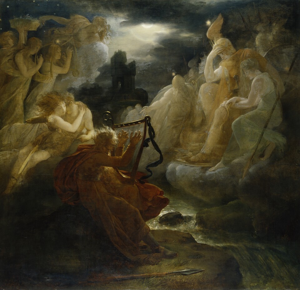 François Gérard (1770–1837)  Ossian am Ufer der Lora beschwört die Geister beim Klang der Harfe, um 1810, Hamburger Kunsthalle  © Hamburger Kunsthalle / bpk Foto: Elke Walford François Gérard (1770–1837)  Ossian am Ufer der Lora beschwört die Geister beim Klang der Harfe, um 1810, Hamburger Kunsthalle  © Hamburger Kunsthalle / bpk Foto: Elke Walford