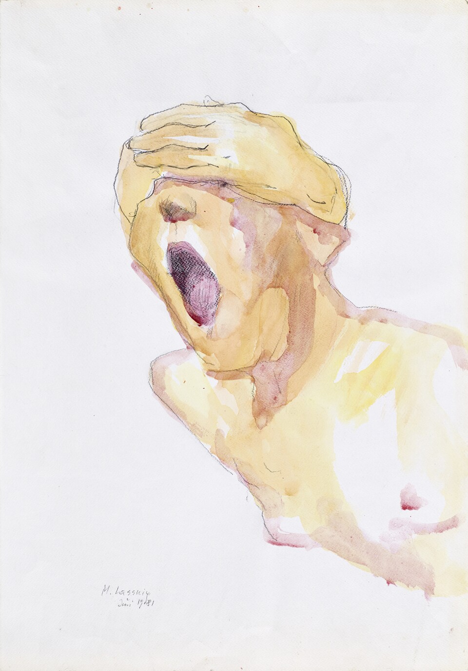 Maria Lassnig (1919–2014)  Ohne Titel (Schreiende), 1981 Bleistift, Aquarell auf Papier,  627 x 438 mm Maria Lassnig Stiftung © Maria Lassnig Stiftung / VG Bild-Kunst, Bonn 2025 Foto: Roland Krauss Maria Lassnig (1919–2014)  Ohne Titel (Schreiende), 1981 Bleistift, Aquarell auf Papier,  627 x 438 mm Maria Lassnig Stiftung © Maria Lassnig Stiftung / VG Bild-Kunst, Bonn 2025 Foto: Roland Krauss