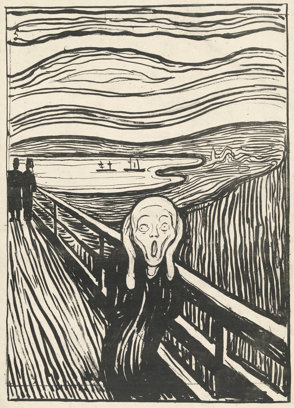 Edvard Munch (1863–1944) Geschrei / Der Schrei, 1895 Kreide- und Pinsellithografie auf braunen Karton montiert,  350 x 250 mm Hamburger Kunsthalle, Kupferstichkabinett © Hamburger Kunsthalle / bpk Foto: Christoph Irrgang Edvard Munch (1863–1944) Geschrei / Der Schrei, 1895 Kreide- und Pinsellithografie auf braunen Karton montiert,  350 x 250 mm Hamburger Kunsthalle, Kupferstichkabinett © Hamburger Kunsthalle / bpk Foto: Christoph Irrgang