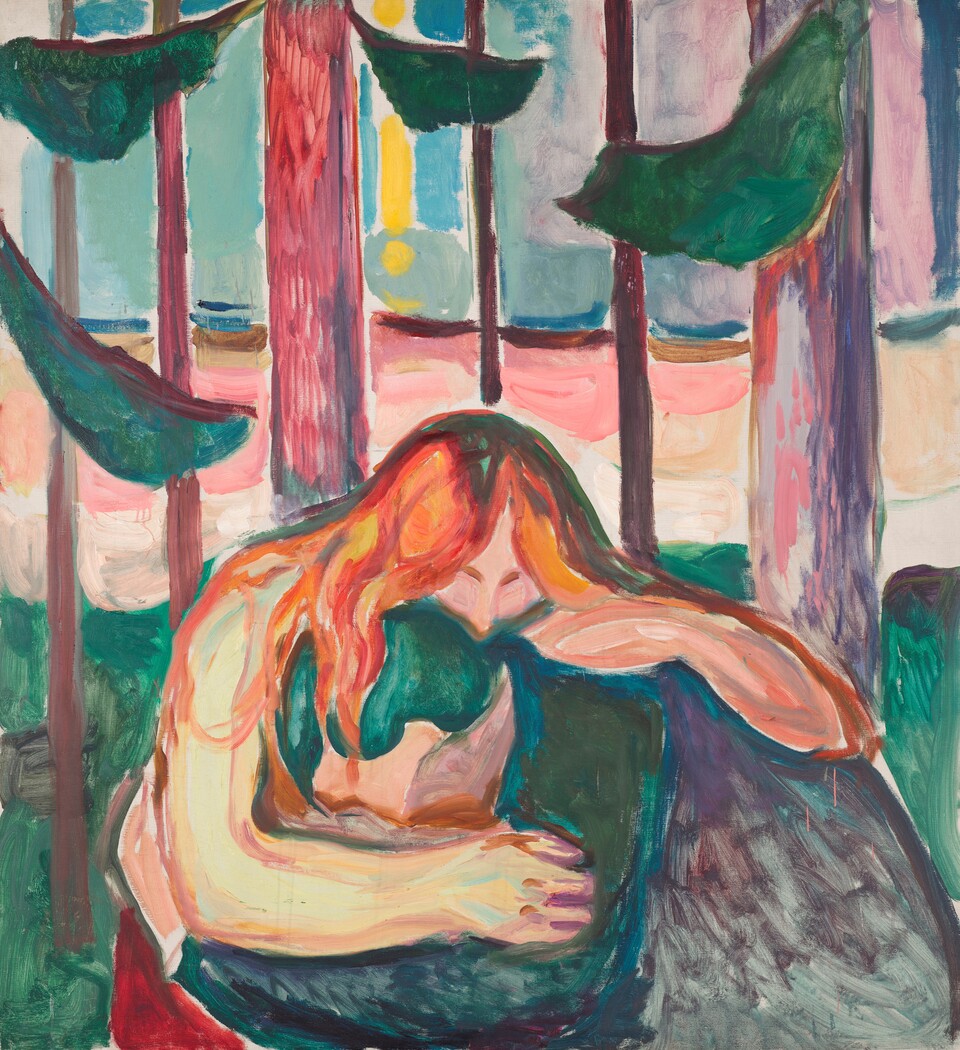 Edvard Munch (1863–1944), Vampir im Wald, 1916–1918, Öl auf Leinwand, 149 x 137 cm Munchmuseet © Munchmuseet Edvard Munch (1863–1944), Vampir im Wald, 1916–1918, Öl auf Leinwand, 149 x 137 cm Munchmuseet © Munchmuseet
