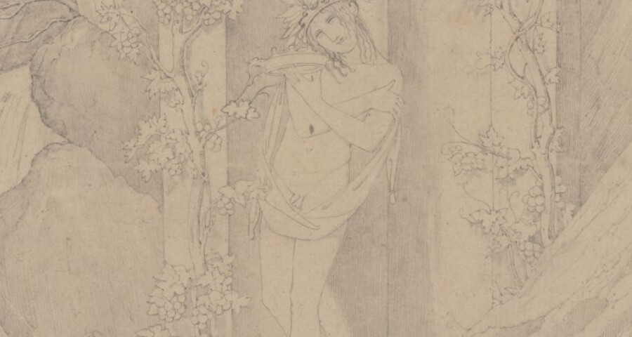 Bettina von Arnim (1785-1859), Bekrönter Jüngling in einer Nische mit einer Eule auf einer Säule in  einer Gebirgslandschaft, wohl 1837