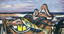 Max Beckmann, Landschaft im Süden mit frutti di mare(Stillleben mit Fischen), Amsterdam 1944, nicht signiert, Ölfarben auf tixtilen Bildträger, 45 x 85 cm, Hamburger Kunsthalle, Inventar.-Nr. 2822